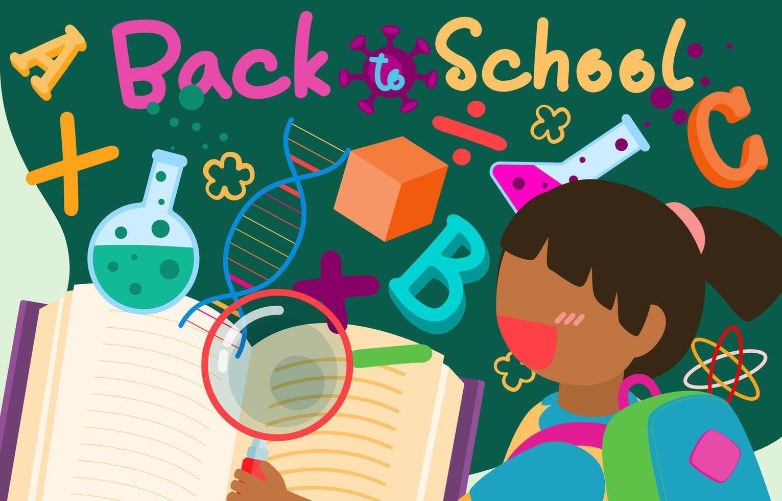 Welcome Back to school with funny school characters flat vector illustration.