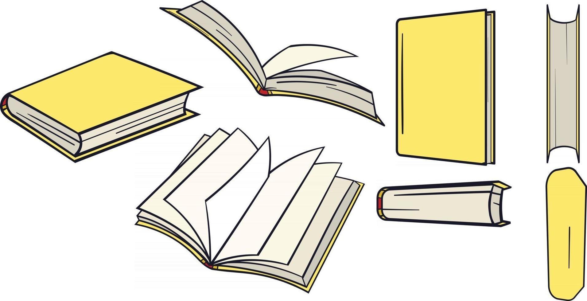 Big set of yellow books hand drawn from different angles. vector