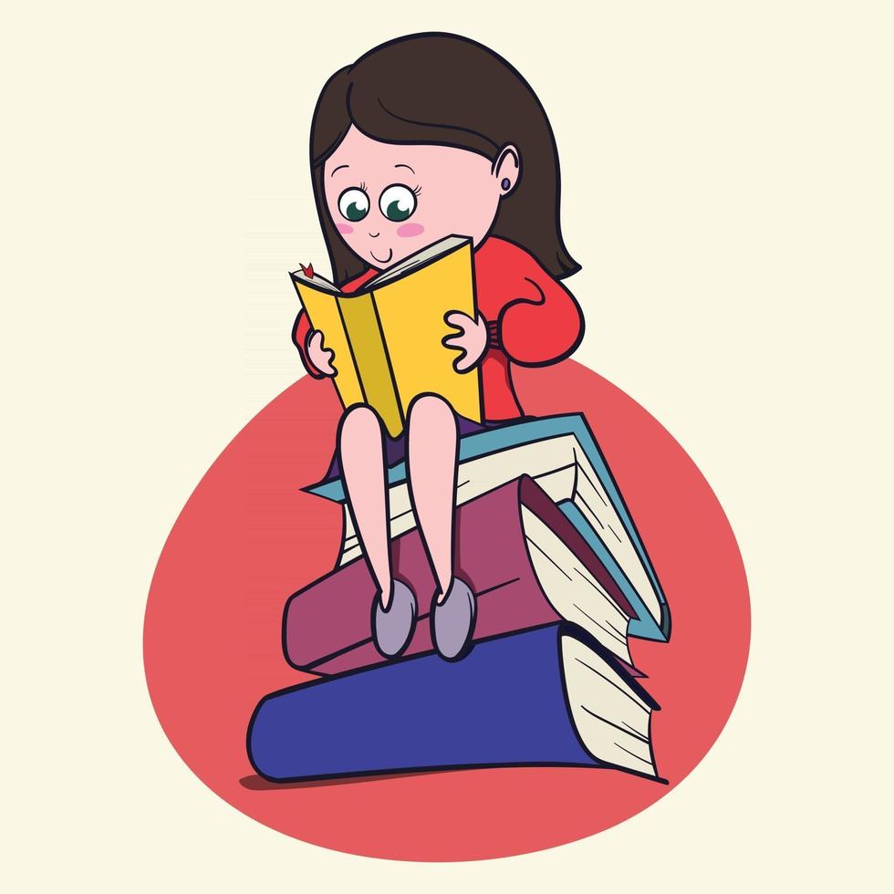 La linda niña amante de los libros disfruta leyendo grandes libros y novelas. Ilustración de bibliófilo de estilo de dibujos animados para novelas gráficas. vector