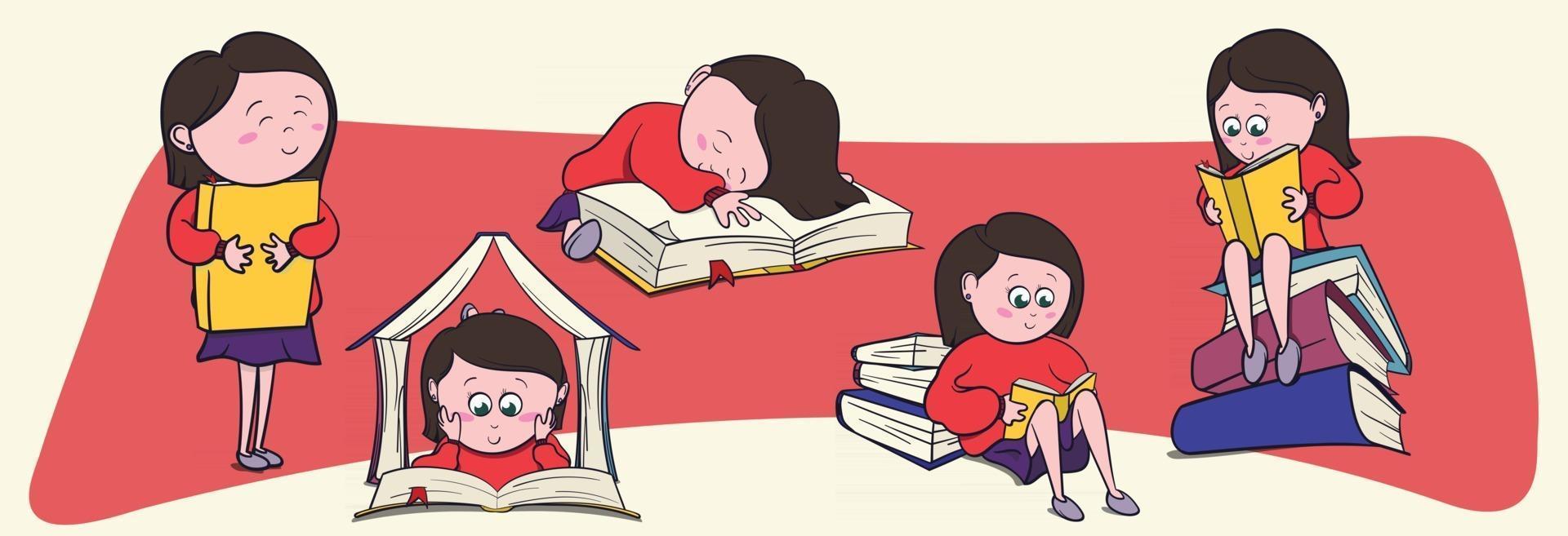 La linda niña amante de los libros disfruta leyendo grandes libros y novelas. Ilustración de bibliófilo de estilo de dibujos animados para novelas gráficas. vector