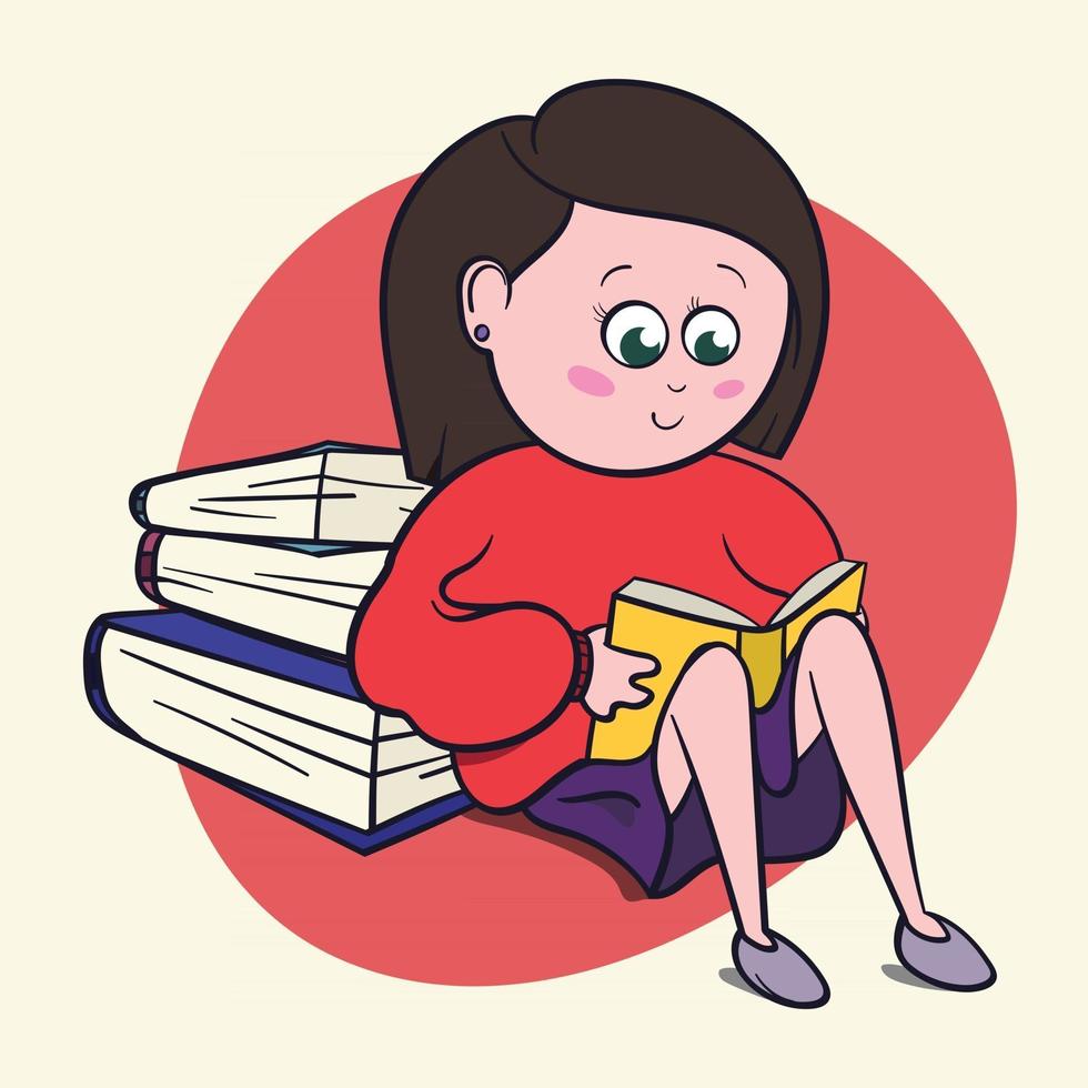 Cute little girl book lover enjoys reading big books and novels. Cartoon style Bibliophile Illustration for Graphic Novels. vector