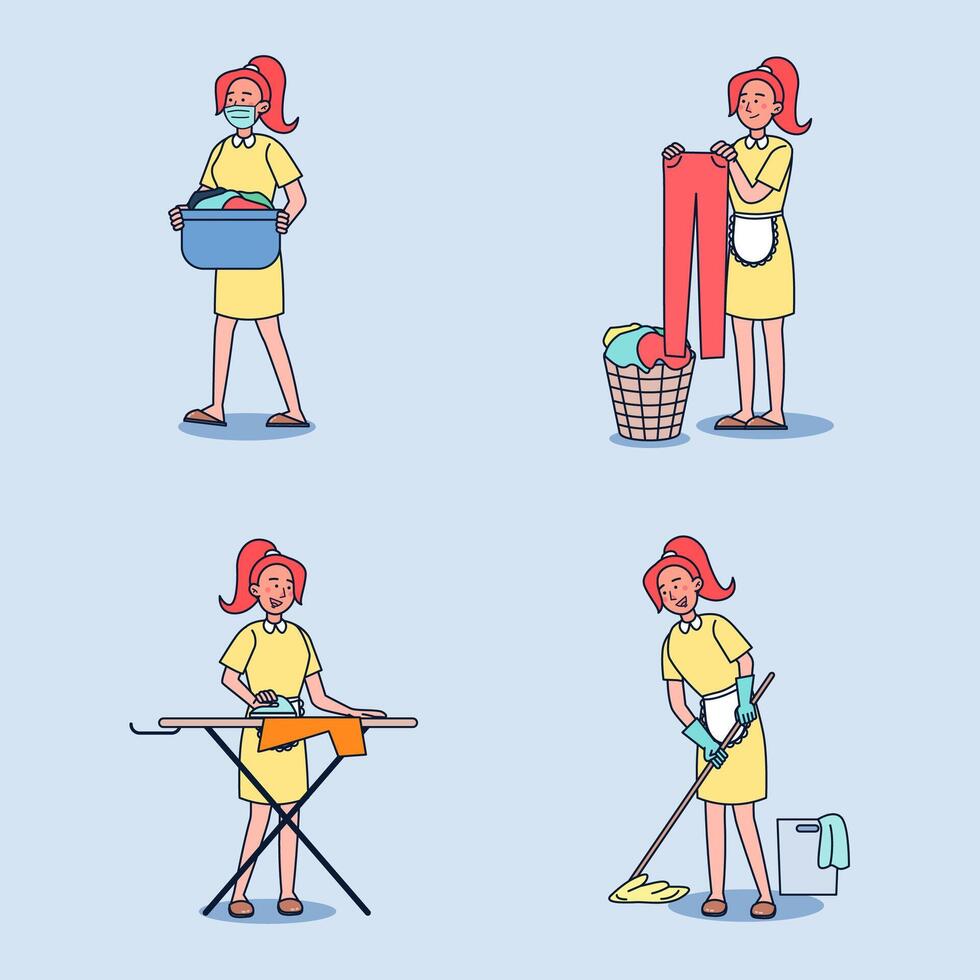 Cartoon maid character. Set of affairs woman housewife vector
