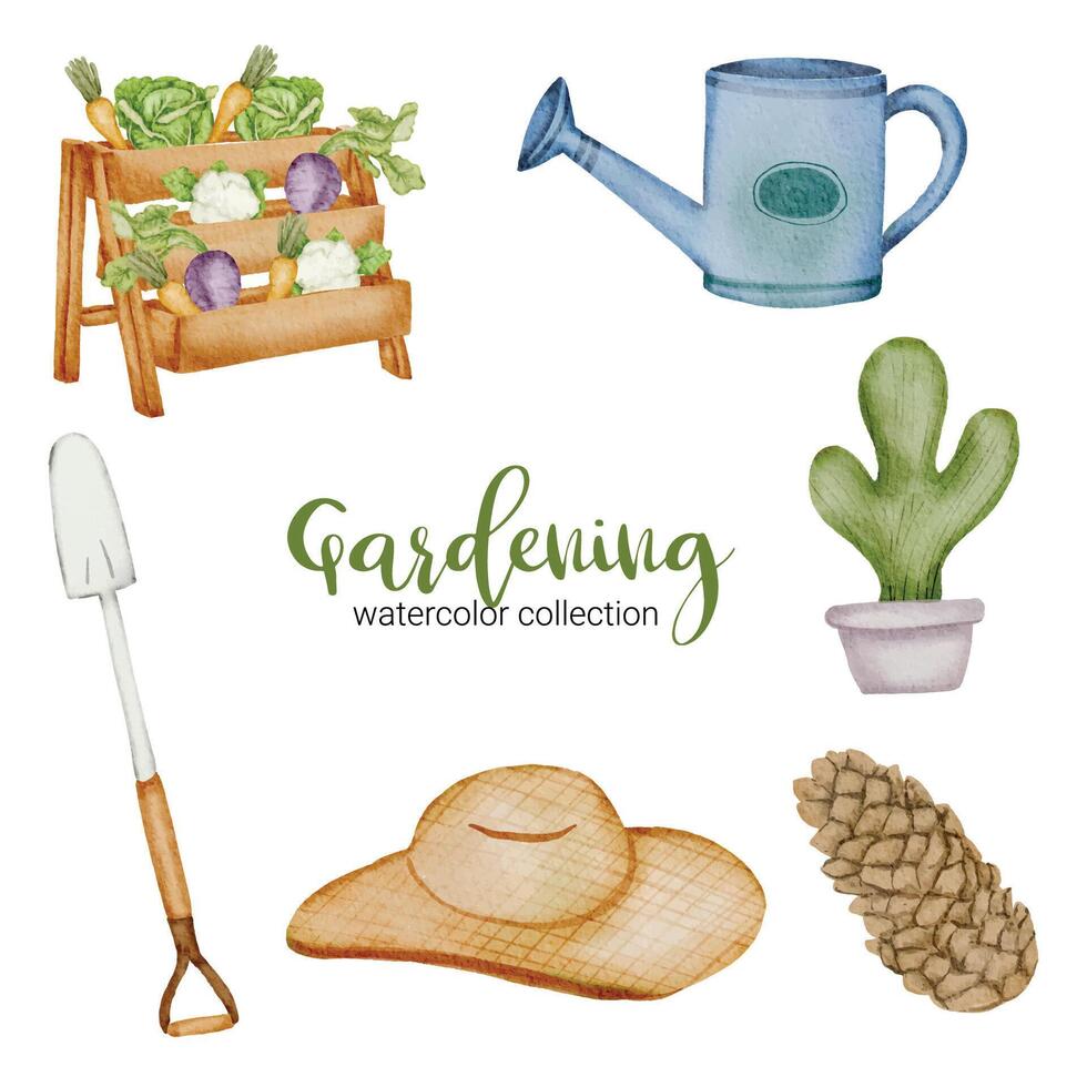 shovel, cactus, seed, hat, and watering can set of gardening objects in watercolor style on the garden theme. isolated flat vector illustration