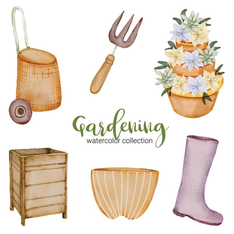 Gardening in watercolor collection flat vector on white background
