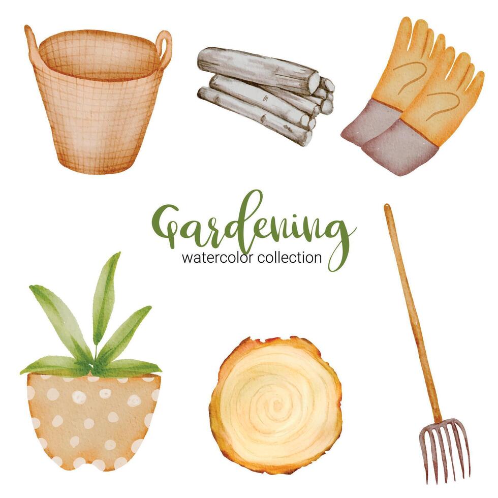 Gardening in watercolor collection flat vector on white background