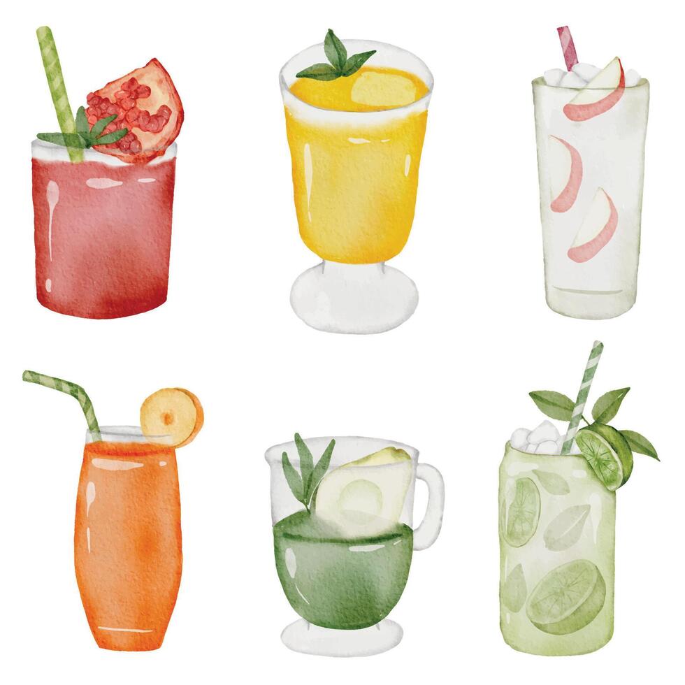 Set of Fruit juice in watercolor style flat vector