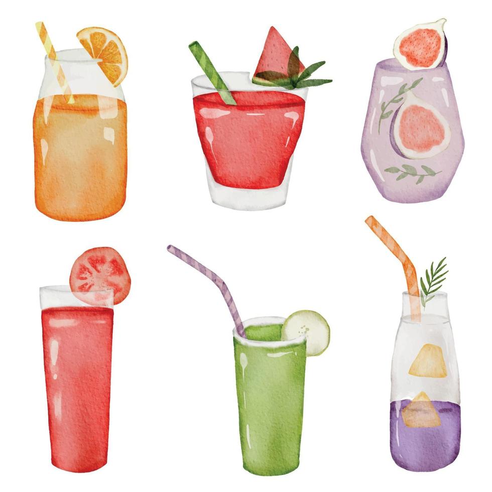 Set of Fruit juice in watercolor style flat vector