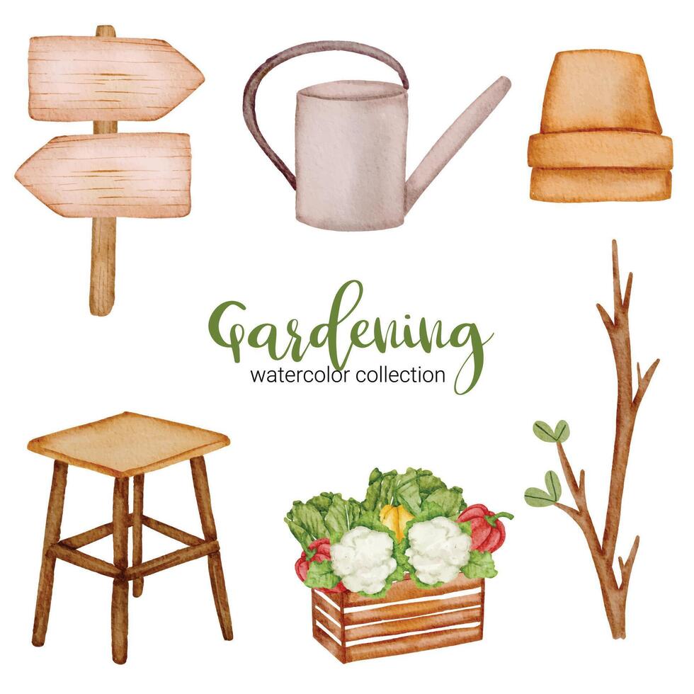 Gardening in watercolor collection flat vector on white background
