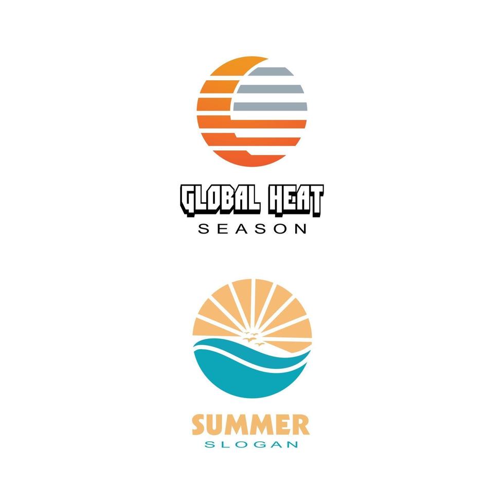 summer beach coast island, sea ocean with birds and summer sun rays logo design inspiration vector