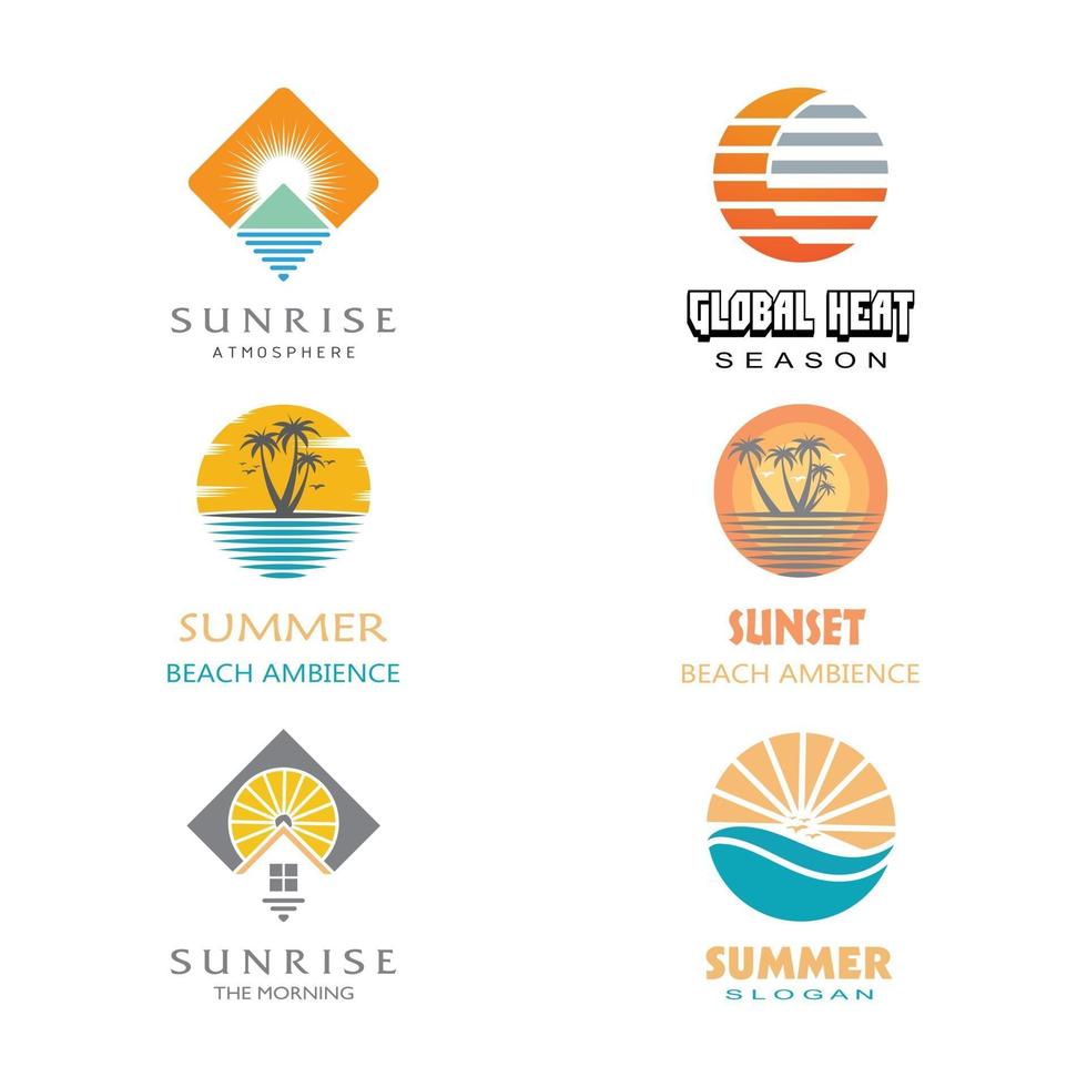 summer beach coast island, sea ocean with birds and summer sun rays logo design inspiration vector