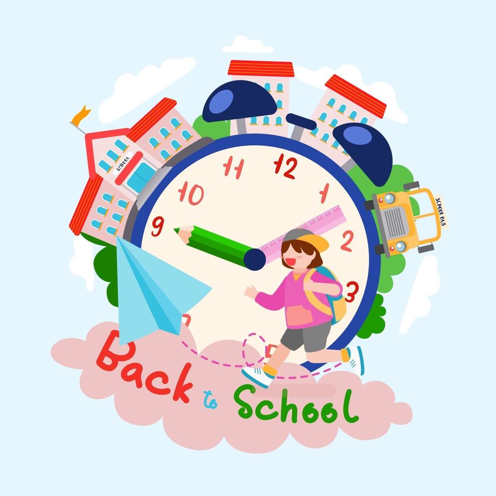 Welcome Back to school with funny school characters flat vector illustration.