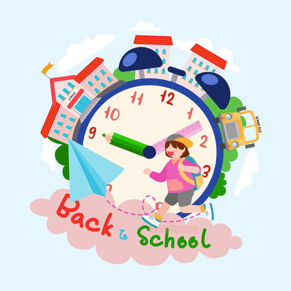 Welcome Back to school with funny school characters flat vector illustration.