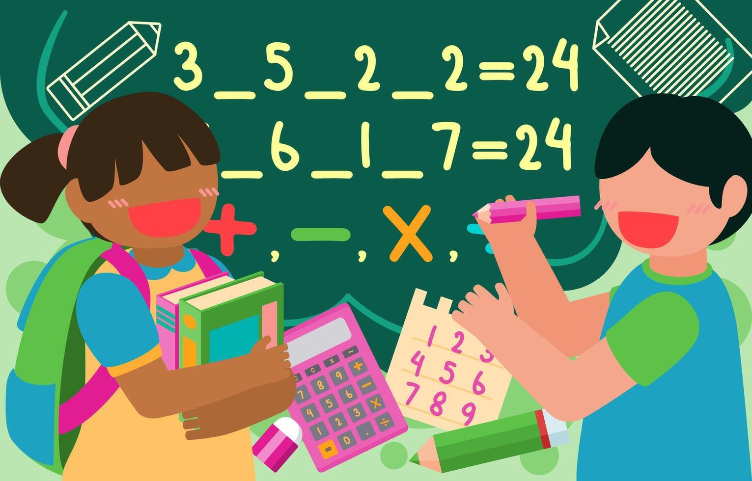 Welcome Back to school with funny school characters flat vector illustration.