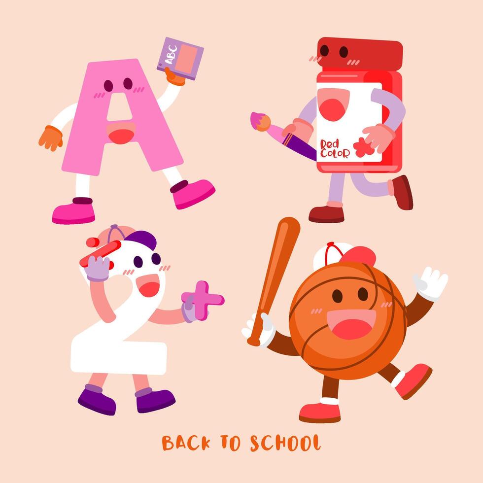 Welcome Back to school with funny school characters flat vector illustration.