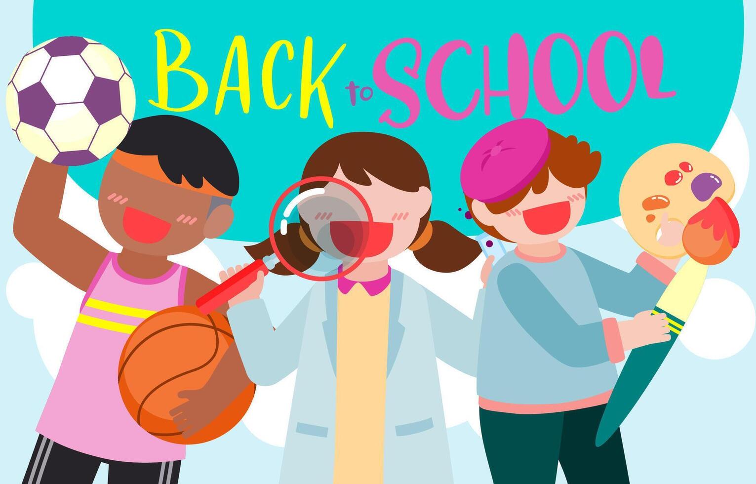 Welcome Back to school with funny school characters flat vector illustration.