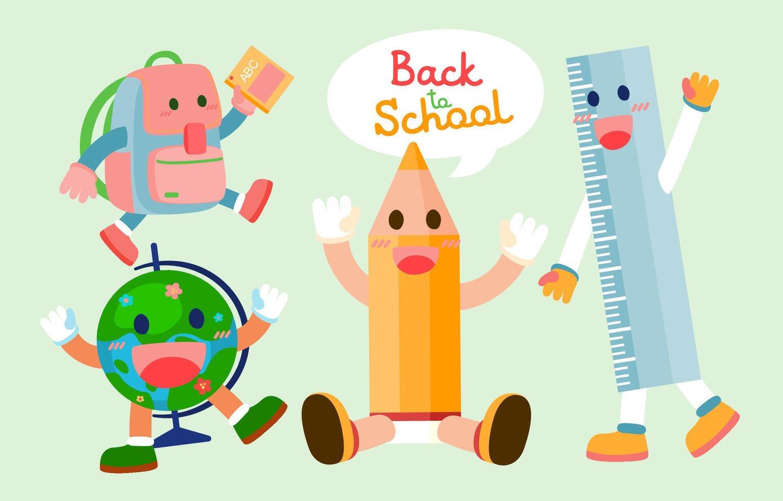 Welcome Back to school with funny school characters flat vector illustration.