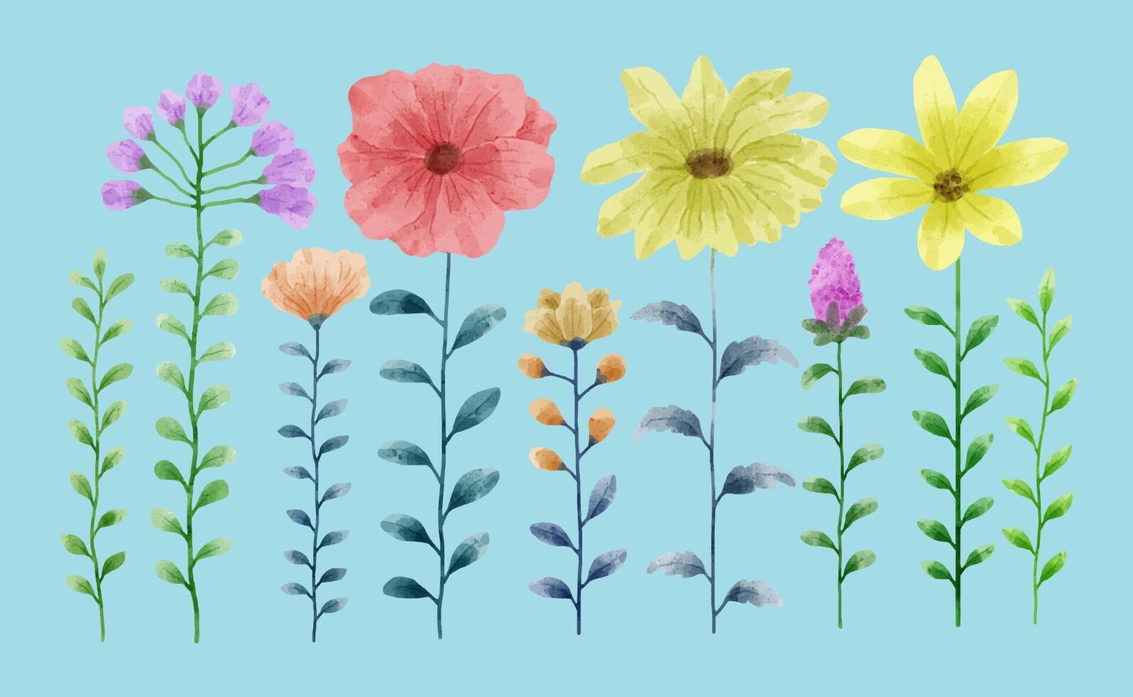 un conjunto de flores pintadas en acuarela para varias tarjetas y tarjetas de felicitación. vector