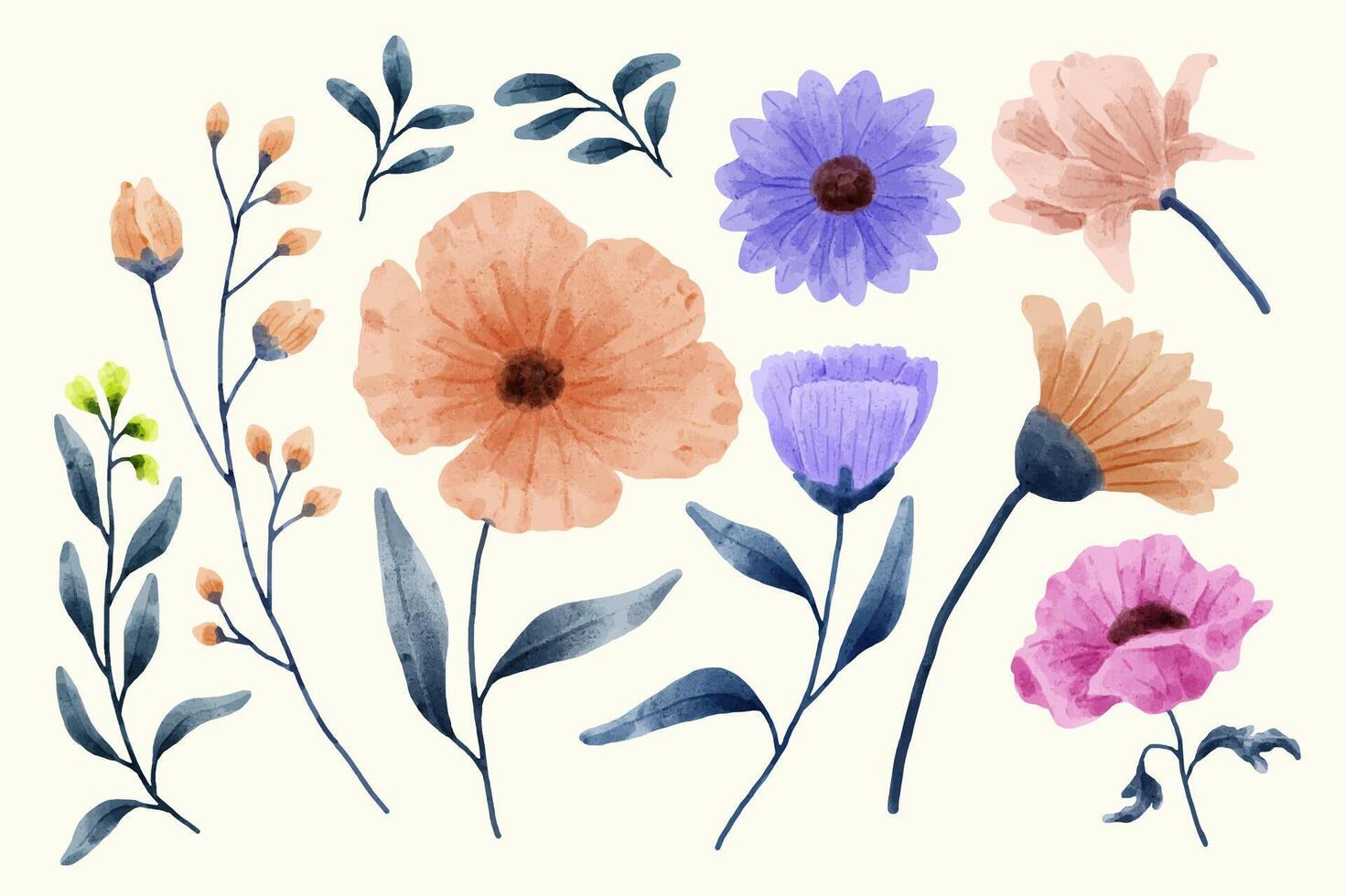 un conjunto de flores pintadas en acuarela para varias tarjetas y tarjetas de felicitación. vector