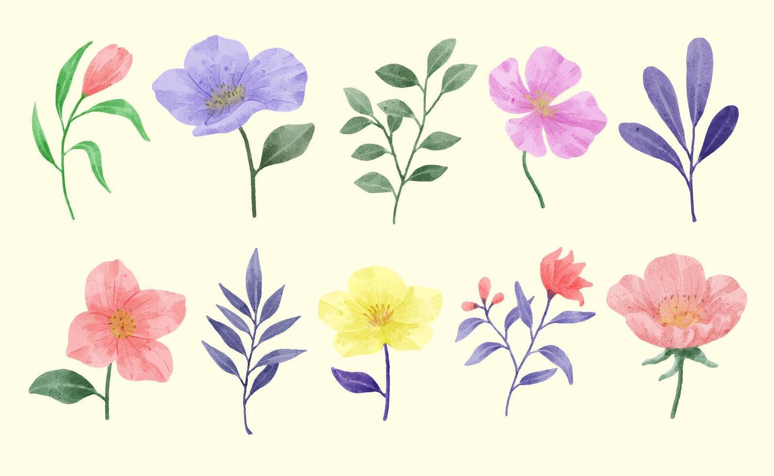 un conjunto de flores pintadas en acuarela para varias tarjetas y tarjetas de felicitación. vector