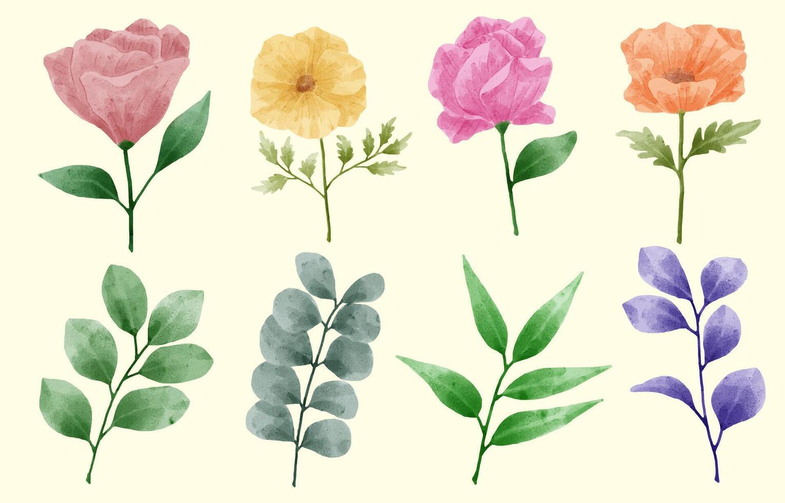 un conjunto de flores pintadas en acuarela para varias tarjetas y tarjetas de felicitación. vector