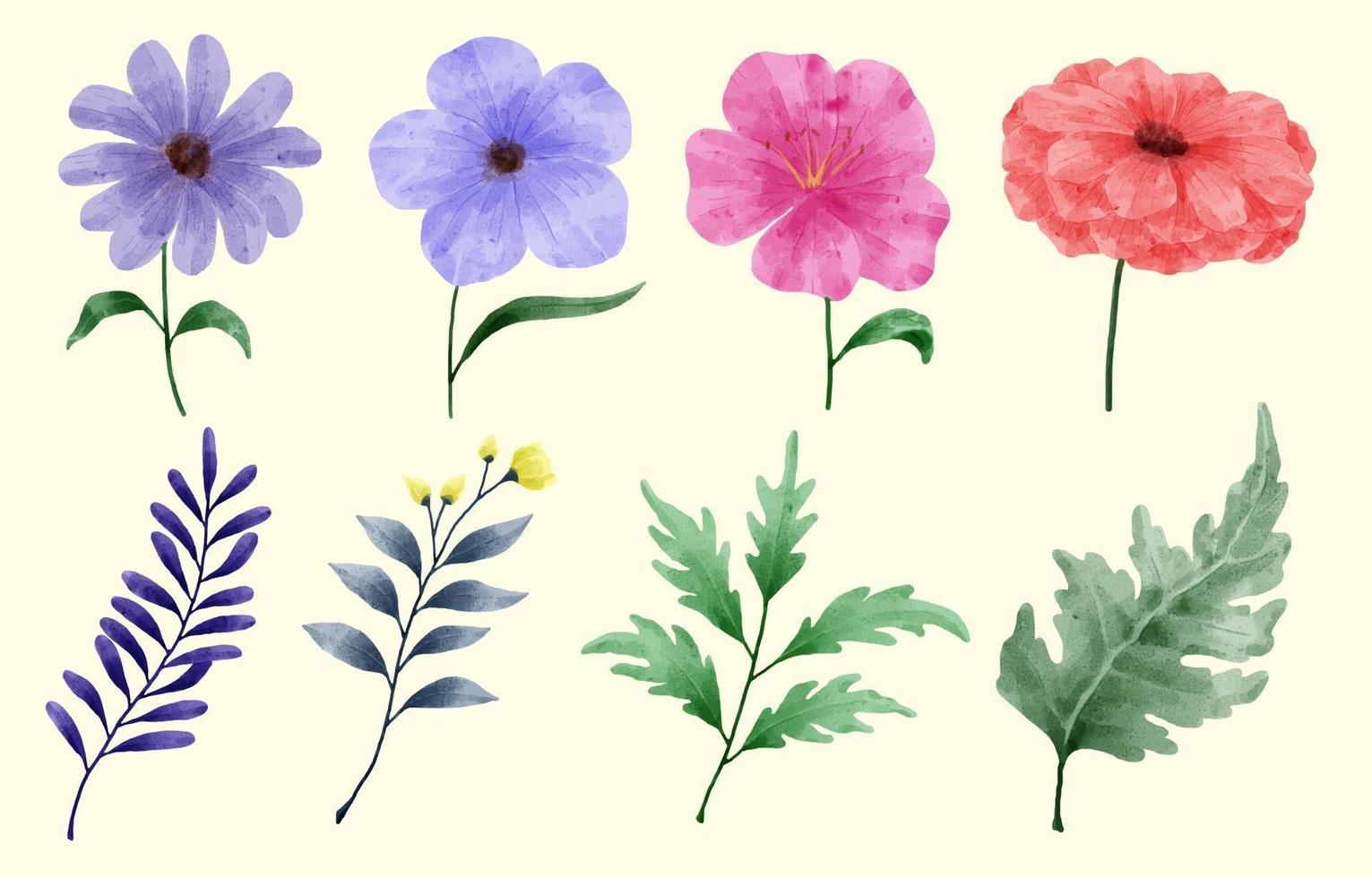 un conjunto de flores pintadas en acuarela para varias tarjetas y tarjetas de felicitación. vector