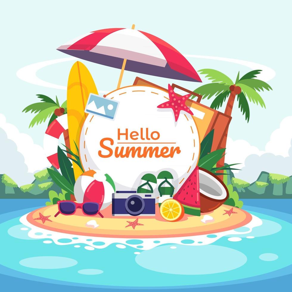 Seaside View With sea, sand, swimming ring, sun glass, surf board, leaf, coconut tree, slipper, lemon, camera and typographic. vector