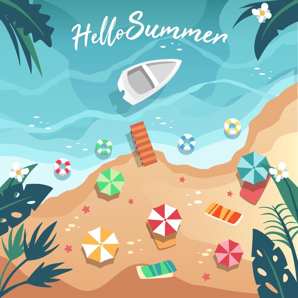 The seaside aerial view features a pier, boats, swim rings, umbrellas and sunbeds. vector