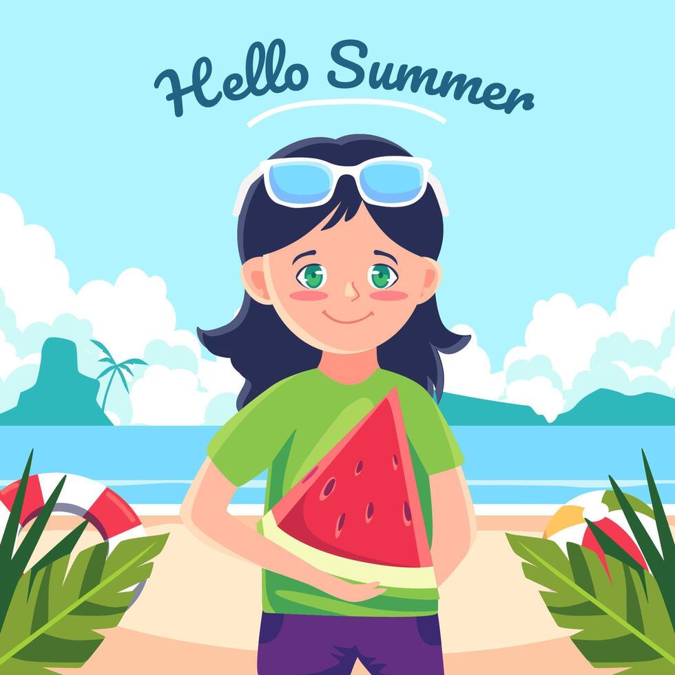 A woman on vacation comes to the beach for a swim and she carries watermelons to eat vector