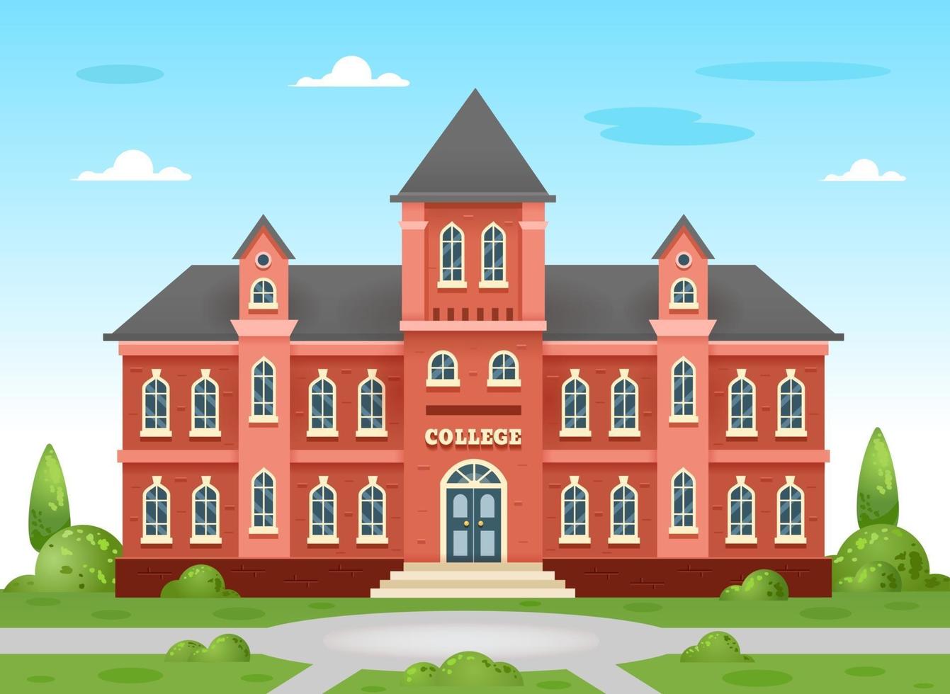 College building. Academic building, university in traditional English style with trees and a green lawn and playground. Vector illustration on white background.