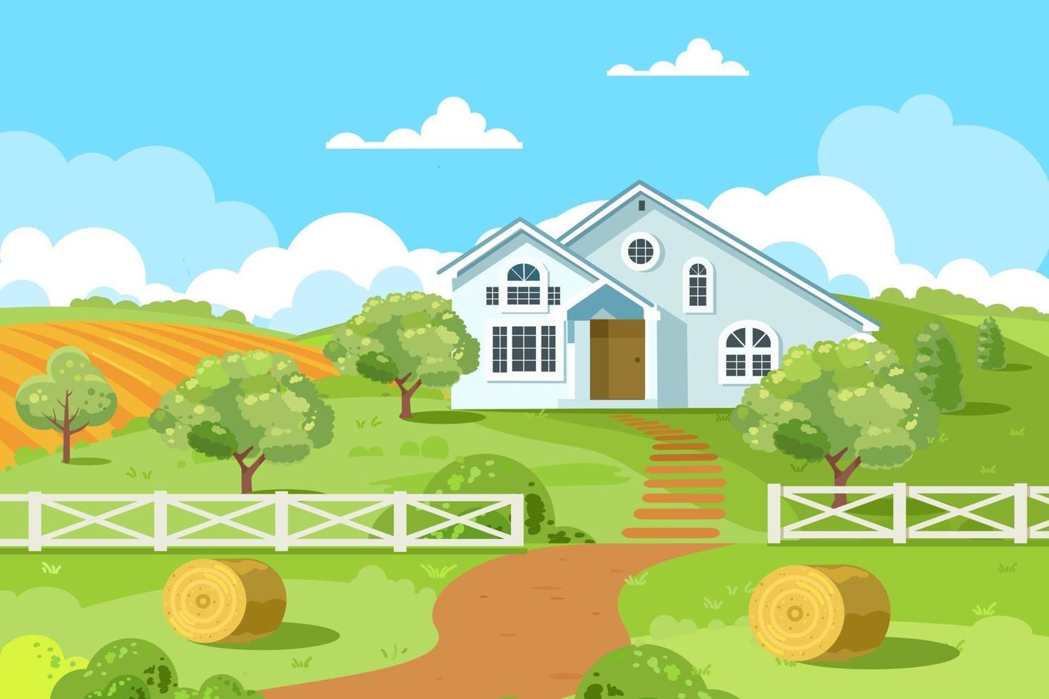 Summer garden with a white house, ponds, green trees. Country landscape. Vector flat illustration
