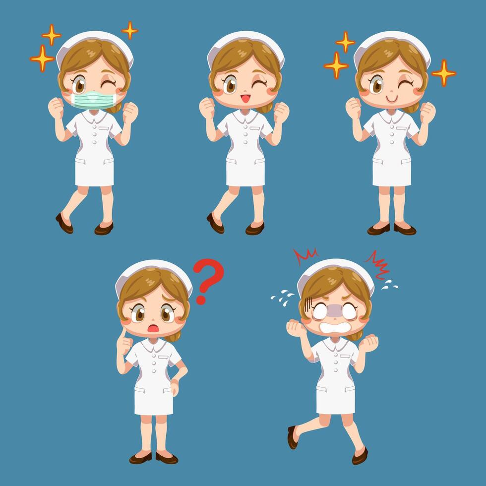 Set of woman with nurse uniform in cartoon character vector