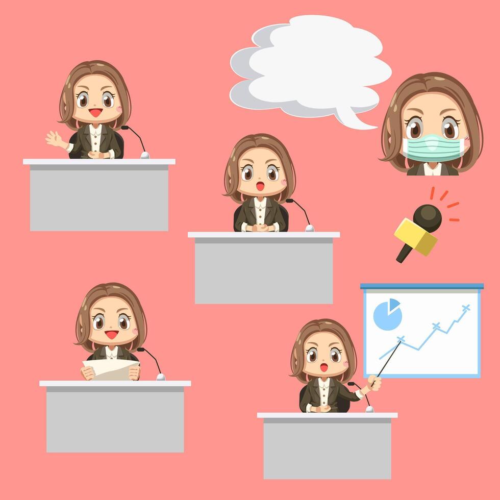 Set of female News anchor with microphone cartoon character vector