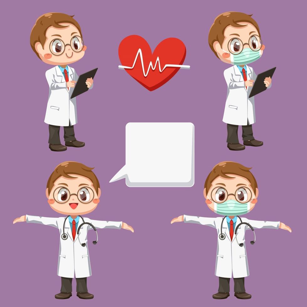 Set of doctor with stethoscope in cartoon character vector