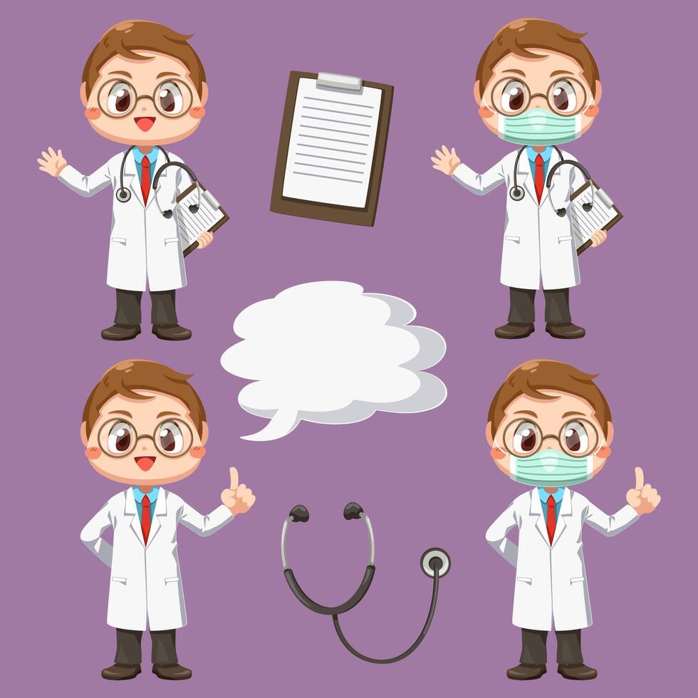 Set of doctor with stethoscope in cartoon character vector