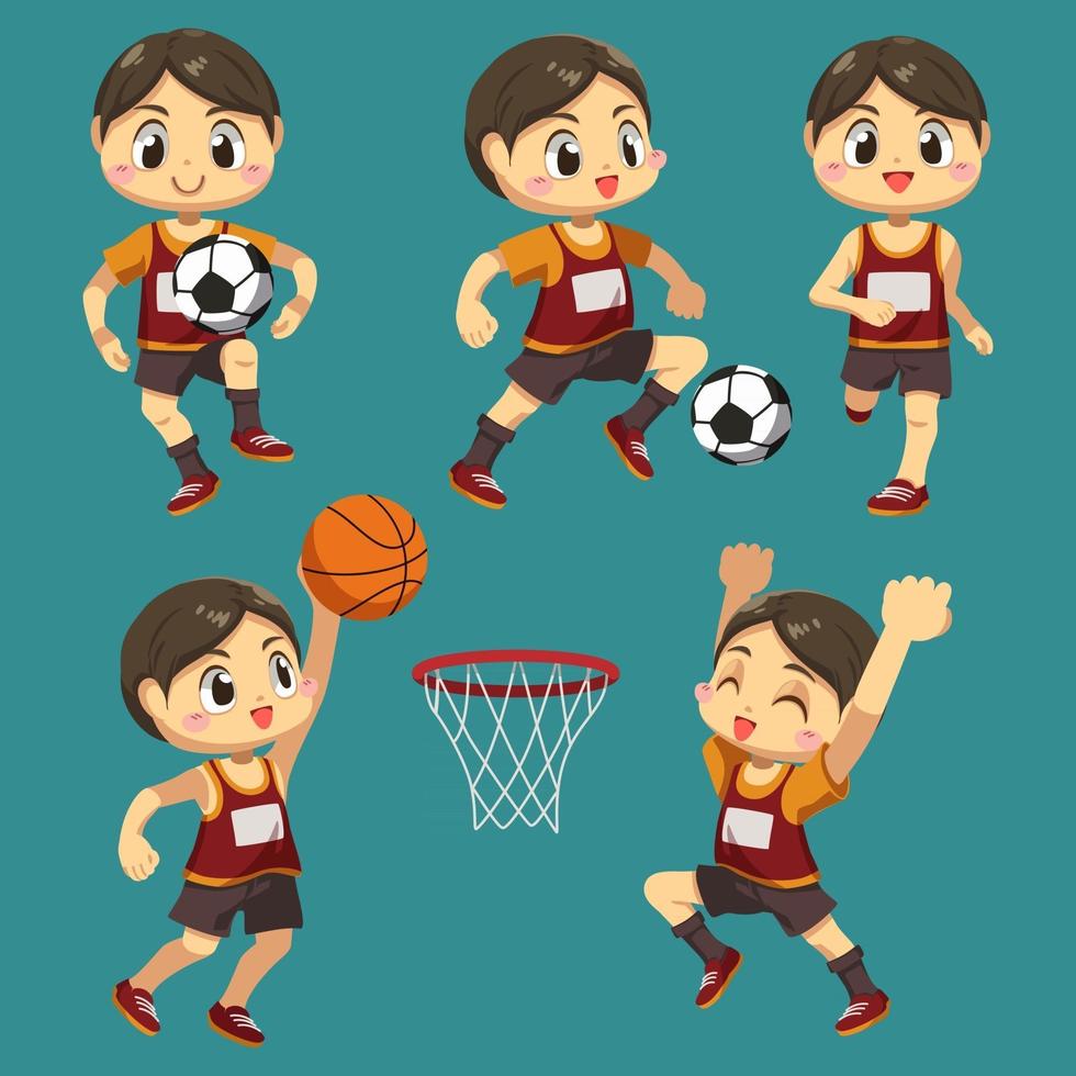 Set of sportsman with basketball and soccer in cartoon character vector