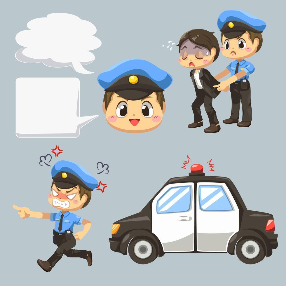 Police man arresting culprit to police car cartoon vector