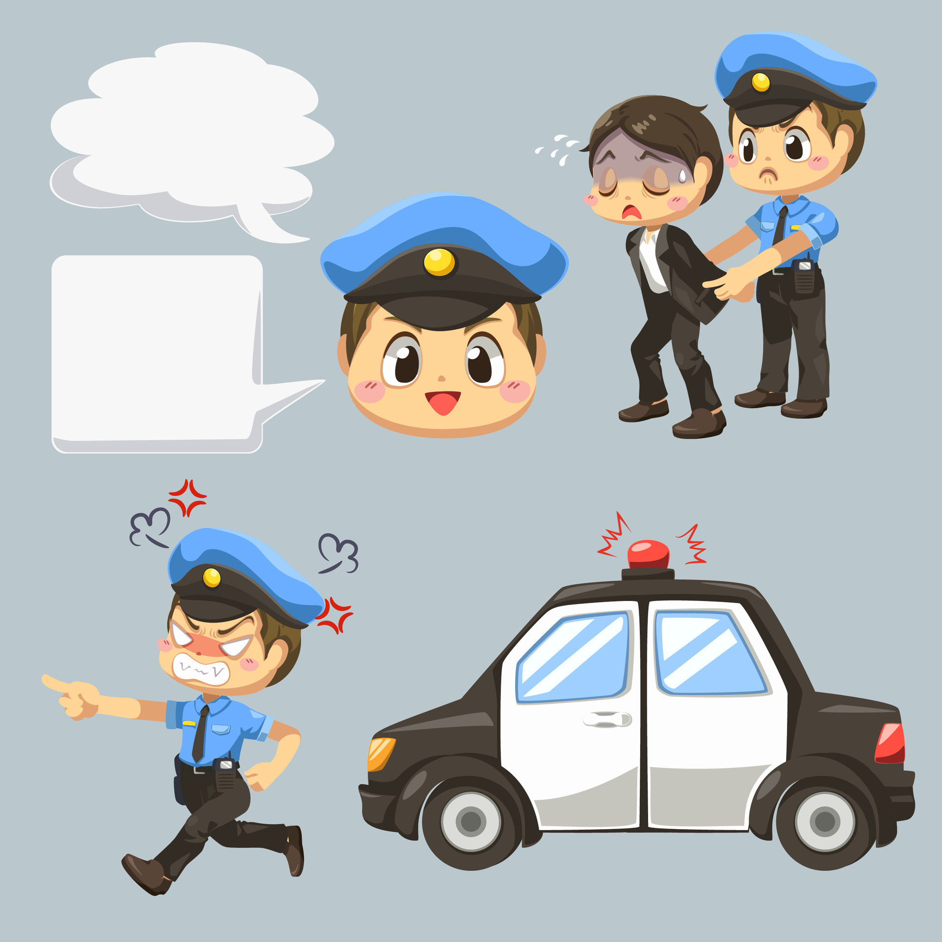 Police man arresting culprit to police car cartoon vector 2921050