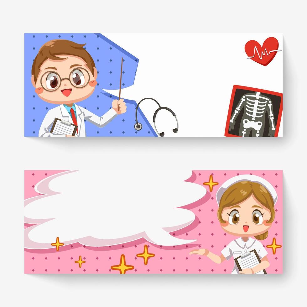 Banner of cheerful doctor and nurse in cartoon character vector