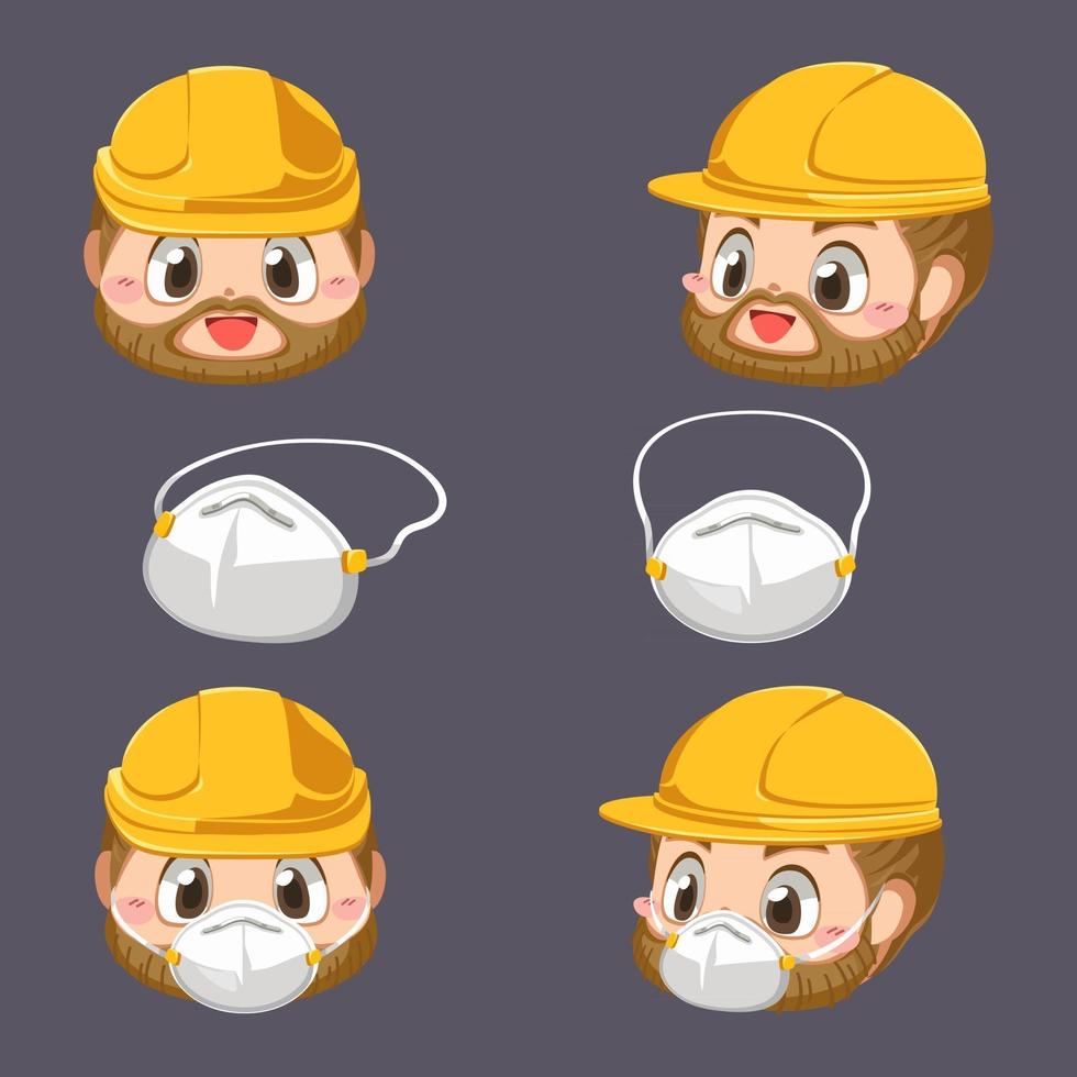 Head repairman wearing helmet and protection dust mask cartoon character vector