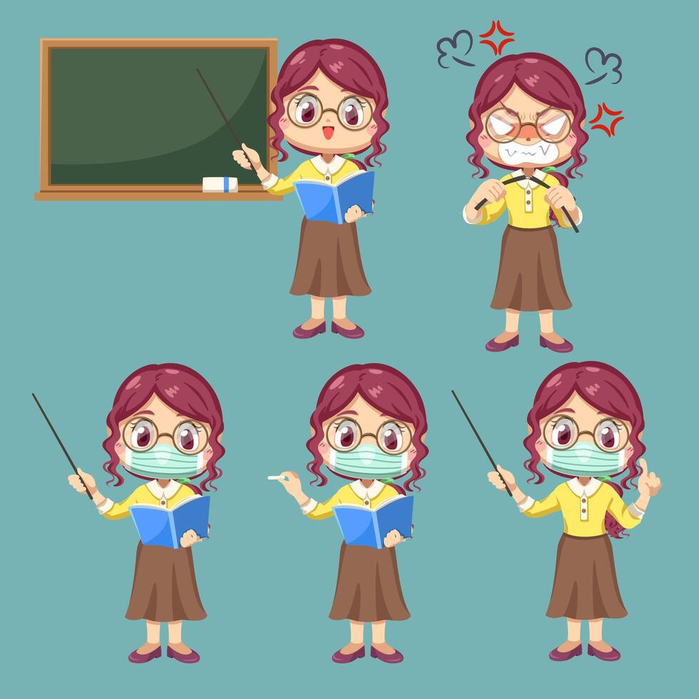 conjunto de maestra en vector de personaje de dibujos animados