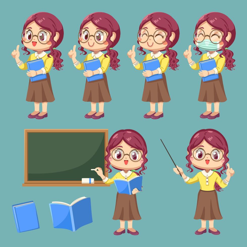 Set of Teacher female in cartoon character vector