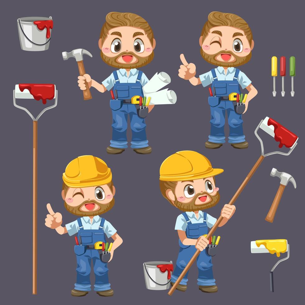 Worker man wearing uniform and helmet holding tool cartoon character vector