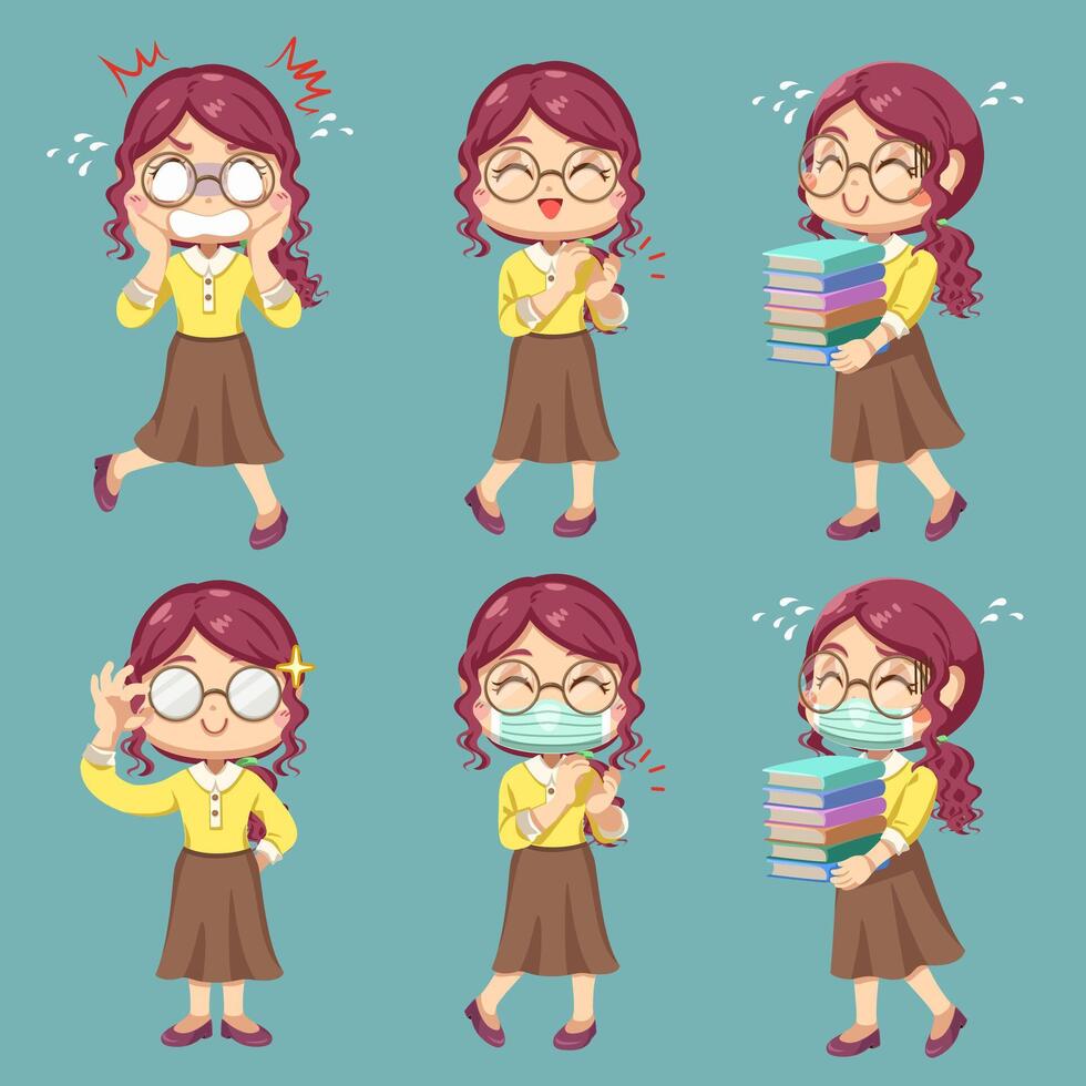 Set of Teacher female in cartoon character vector