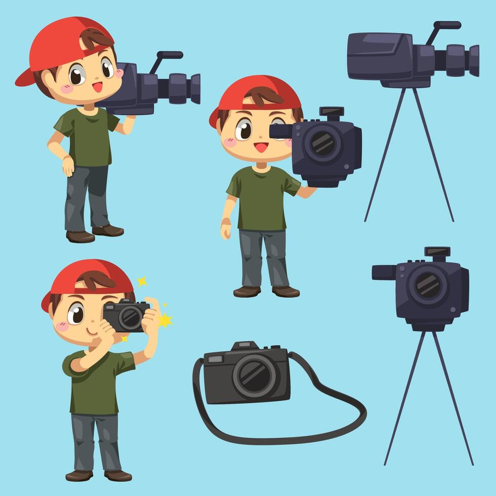 Set of photographer and videographer man in cartoon character vector