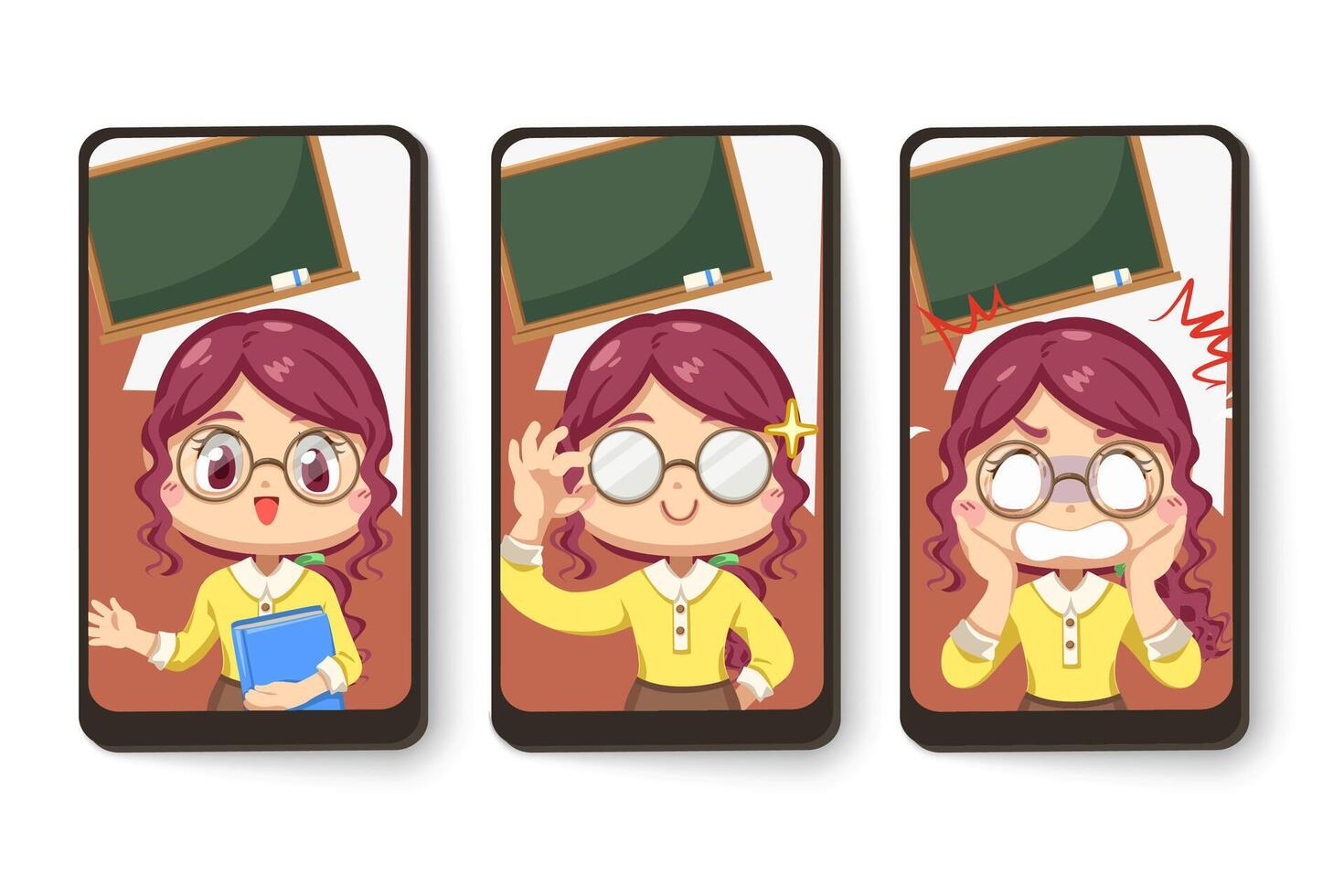 Card emotion of female teacher in classroom in cartoon character vector