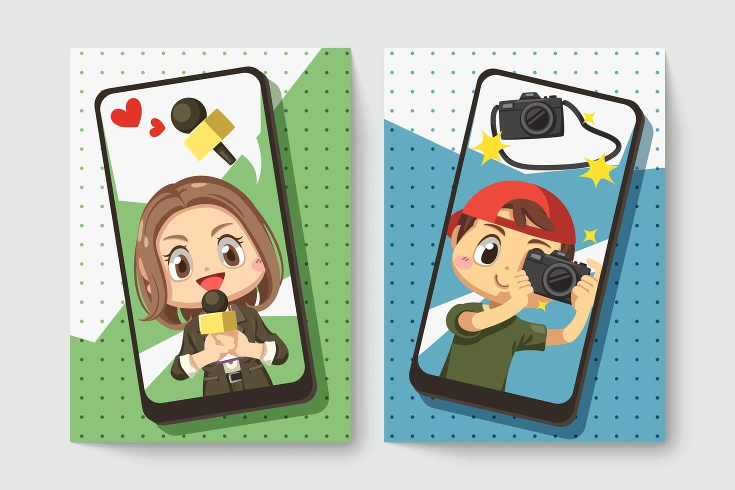 Card of journalist with photographer in cartoon character vector