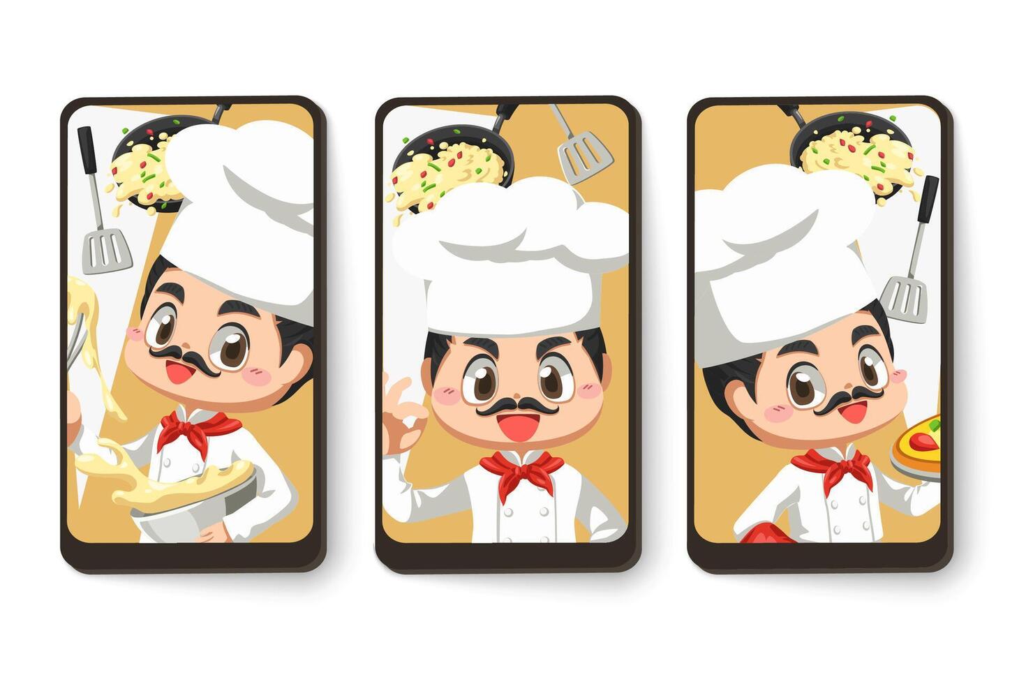 Tarjeta de emoción de chef hombre con utensilios de cocina en personaje de dibujos animados vector