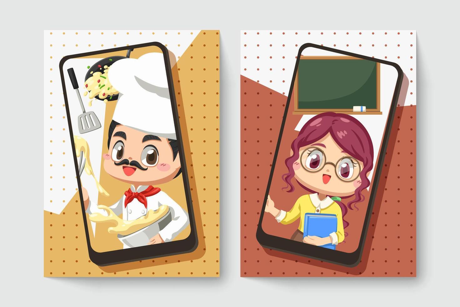 Card of chef man with female teacher in cartoon character vector