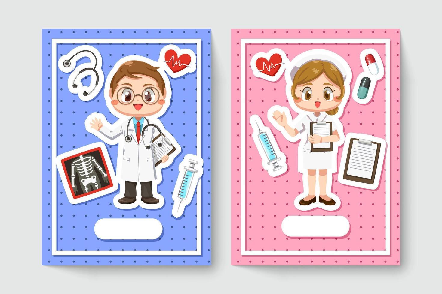 tarjeta de alegre médico y enfermera en personaje de dibujos animados vector