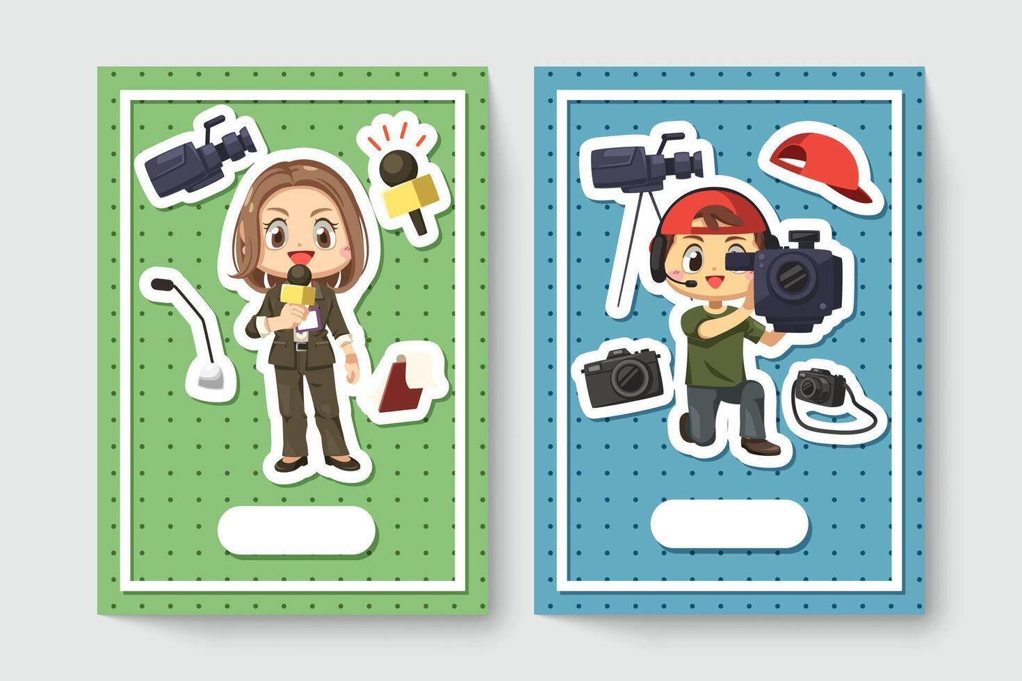 Card of cheerful female journalist and videographer in cartoon character vector